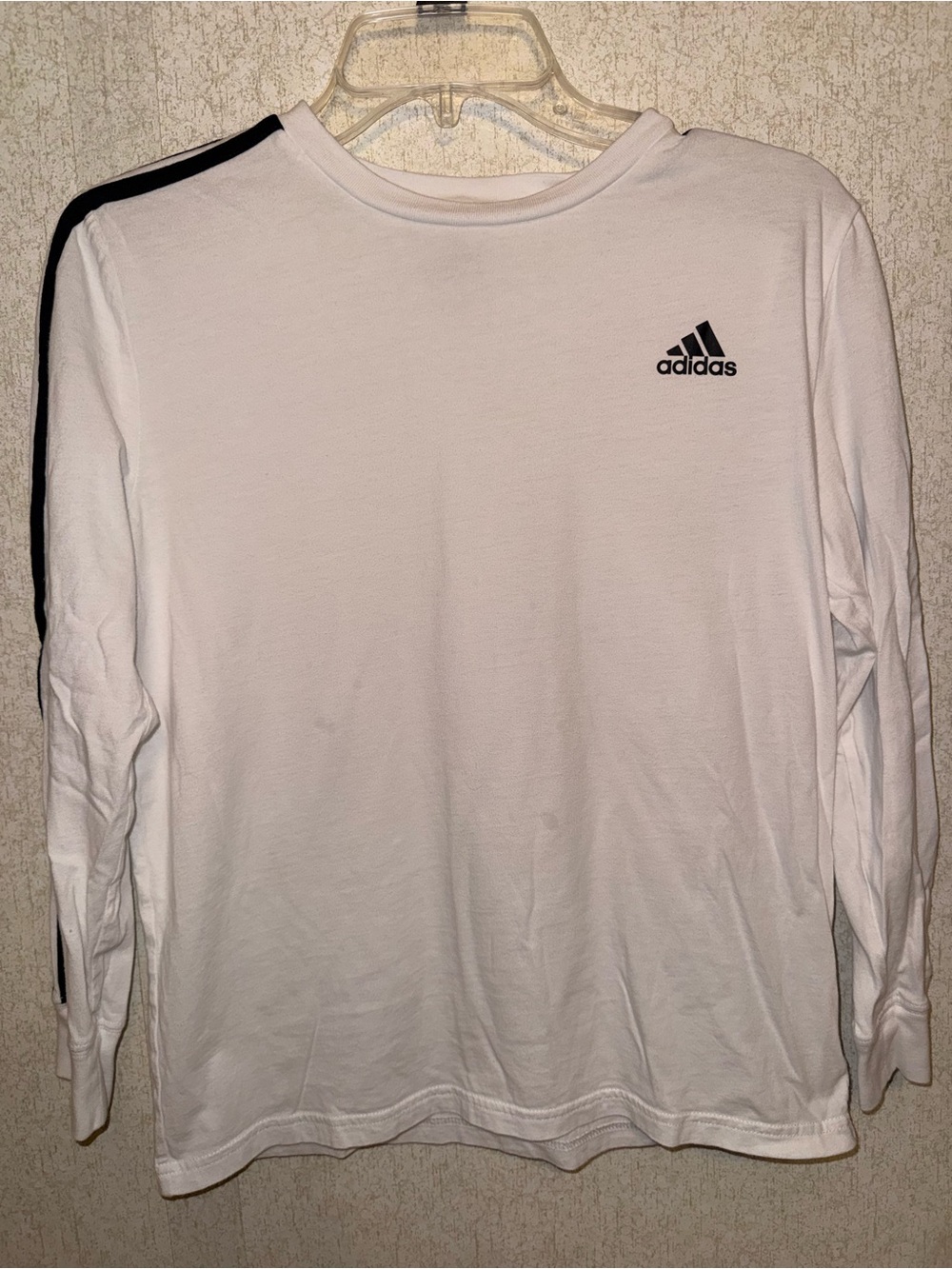 adidas White Long Sleeve Tee with Black Logo and Shoulder Stripe